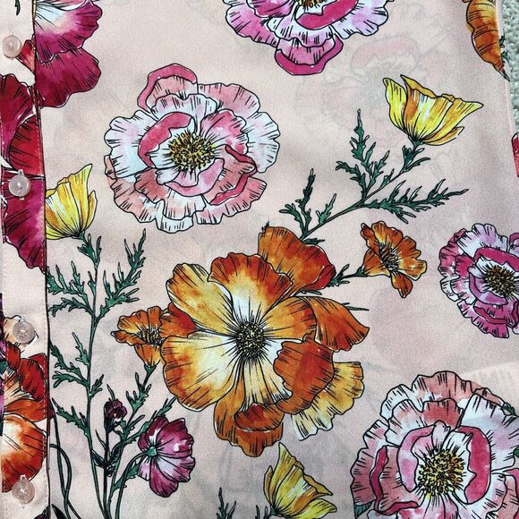 Express Floral Portofino Blouse MEDIUM Slim Fit Long Sleeve V Neck Red Pink Top - Picture 7 of 8